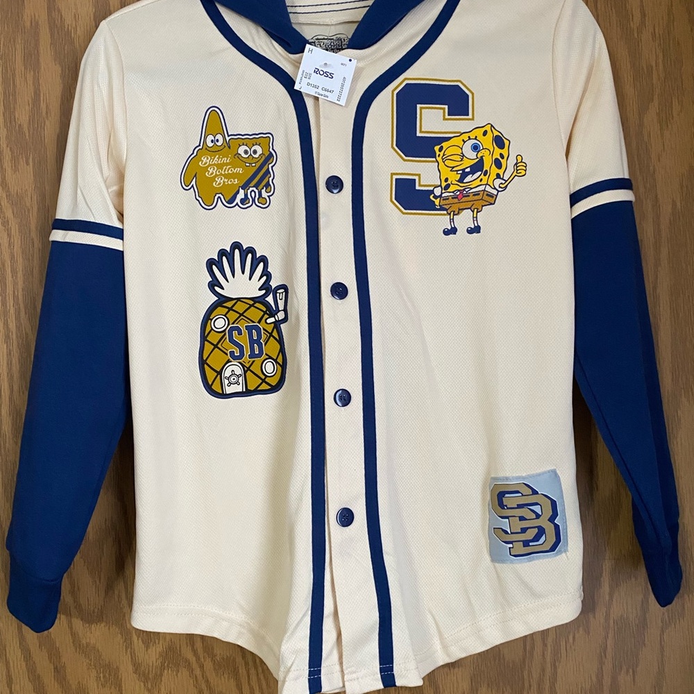 SpongeBob Kids Hooded Long Sleeve Jersey Shirt - Cream and Blue